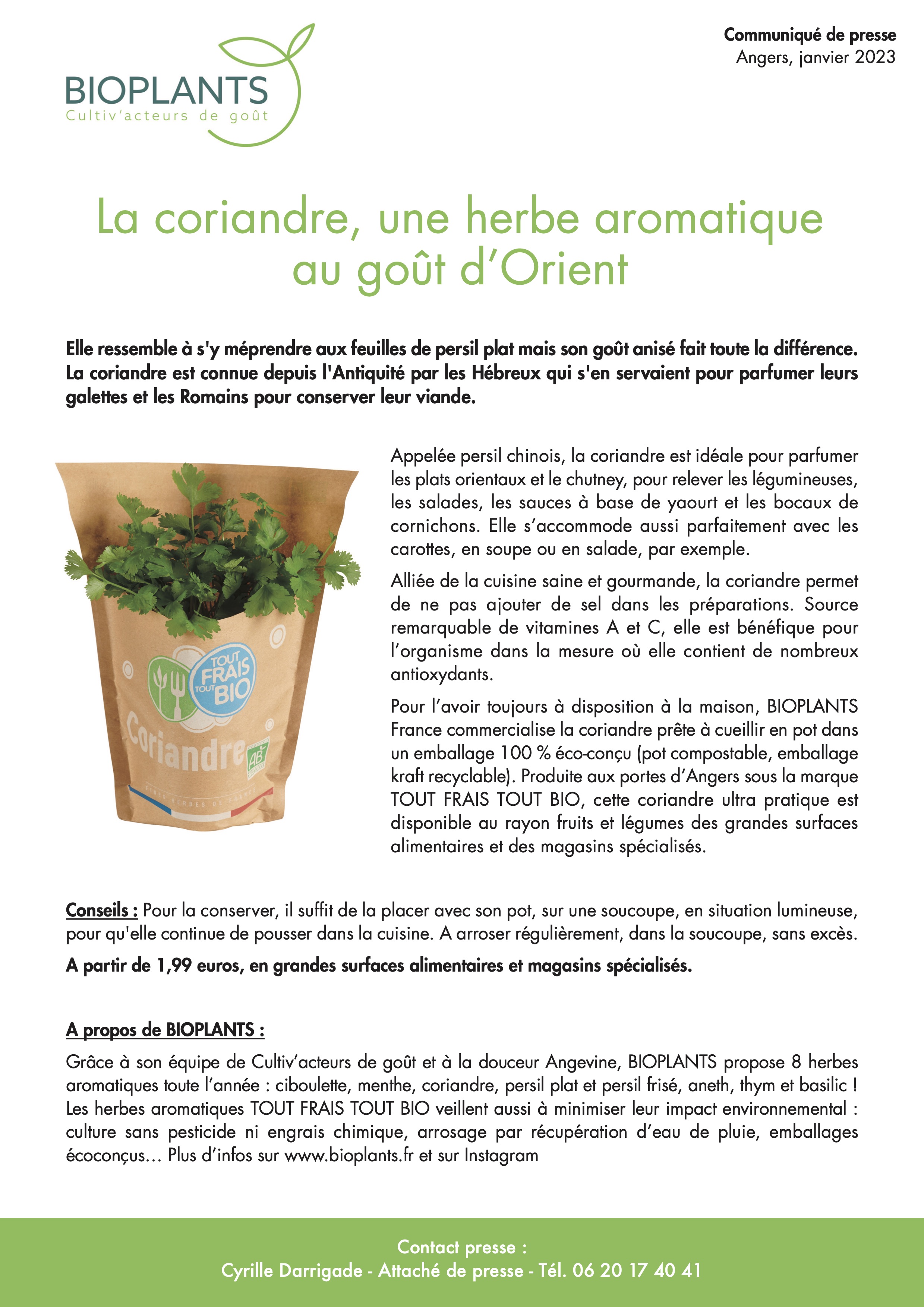 Communiqué Coriandre Bioplants
